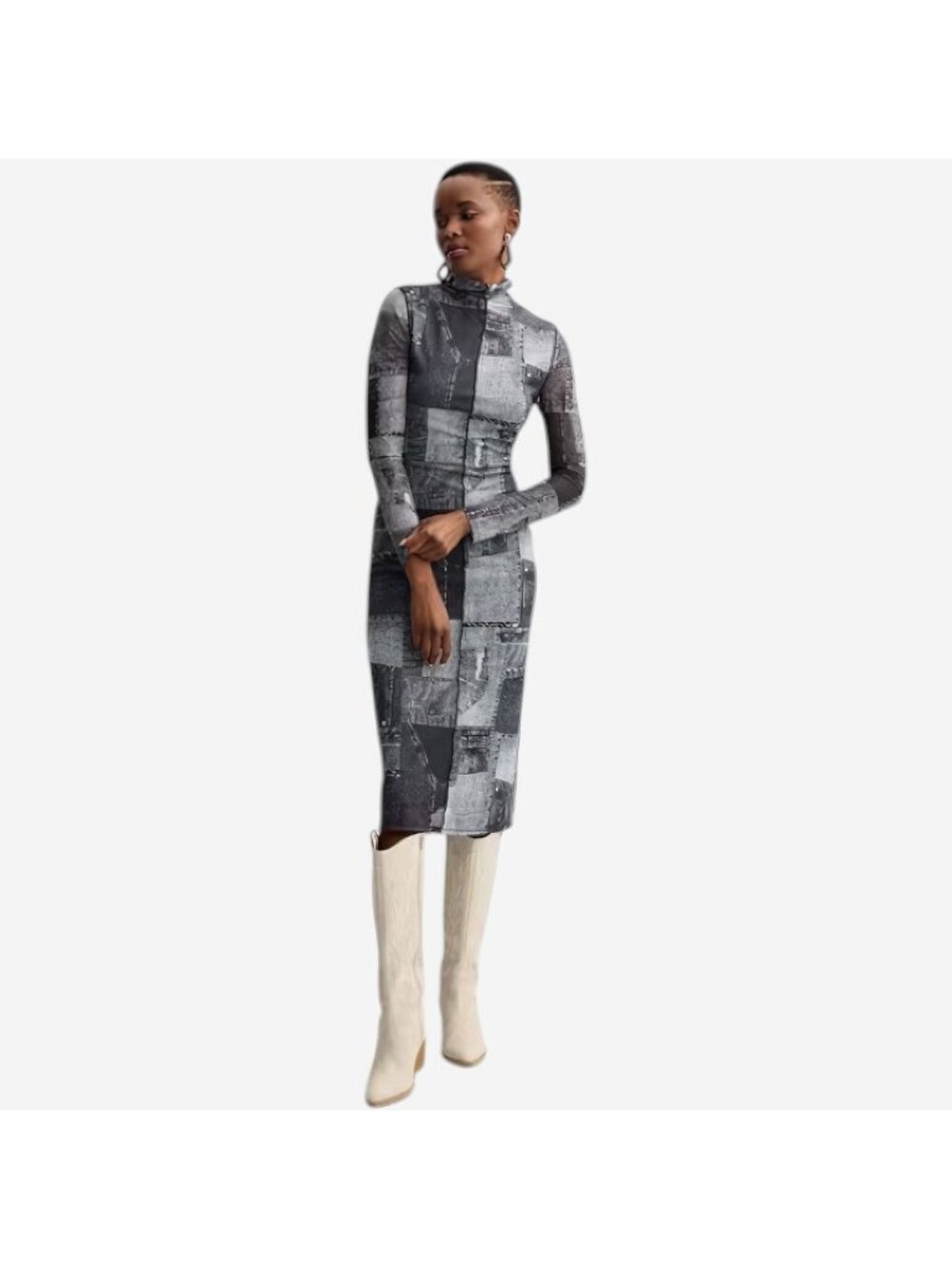 INTEMPO Womens 0X Denim Print Mesh Bodycon Maxi Dress Mock Neck Plus Size NEW - Picture 4 of 5